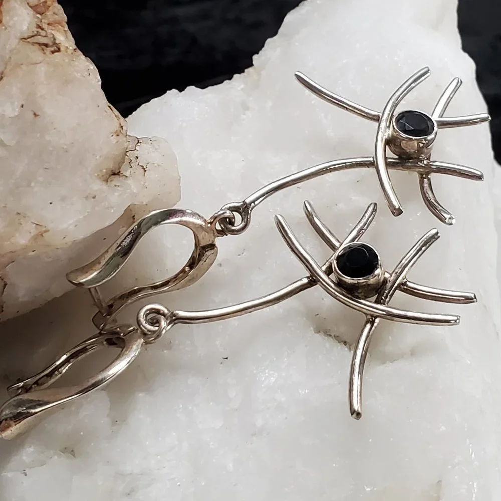 Sterling Silver 925 Earrings Natural Black Onyx Abstract Designer Silversmith